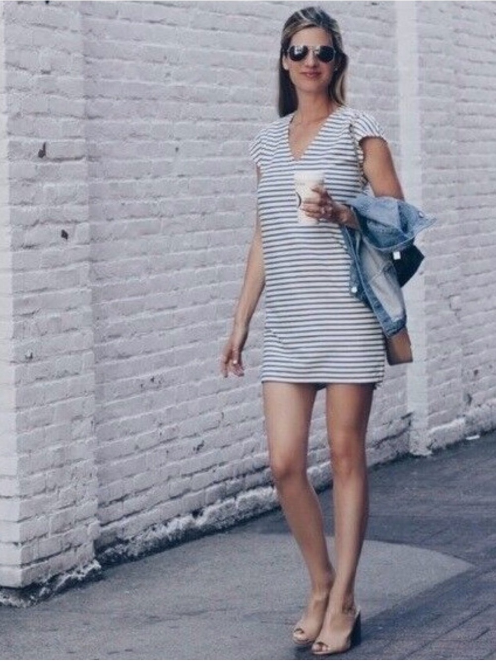 Madewell White & Navy Striped V-Neck Mini Dress Vancances